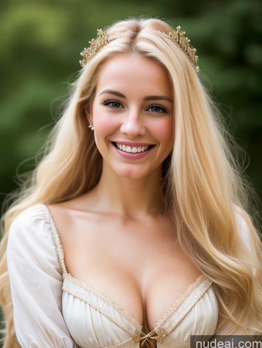 ai nude image of blonde woman with a crown on her head smiling at the camera pics of Woman Small Tits Beautiful Skinny Pubic Hair 20s Happy Blonde Long Hair Close-up View Medieval