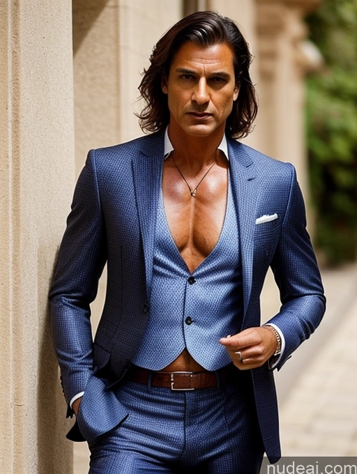 ai nude image of arafed man in a blue suit leaning against a wall pics of Model Perfect Boobs Abs Pubic Hair Tanned Skin 50s Serious British Sexy Face Suit Shirt Traditional