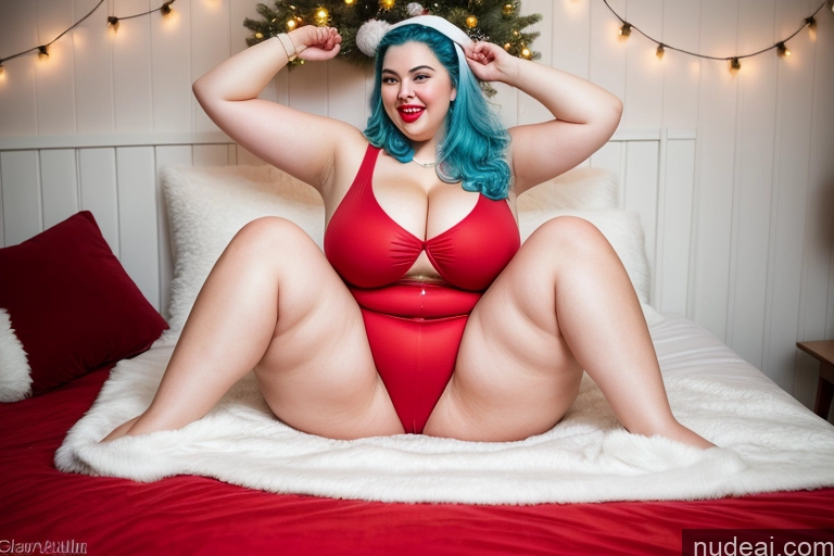 ai nude image of araffe woman in a red bikini sitting on a bed pics of Huge Boobs Big Hips Fat Chubby Big Ass Lipstick Fairer Skin 18 Happy Blue Hair Slicked Russian Bedroom Santa