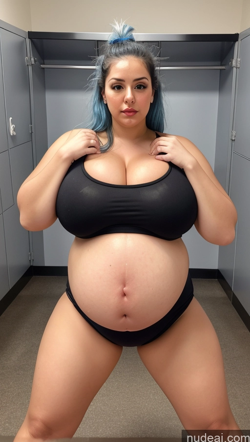 ai nude image of araffe woman in a black bikini posing in a locker pics of Huge Boobs Lipstick Big Ass Chubby Fat Big Hips Fairer Skin 18 Blue Hair Pregnant Belly Inflation, Cuminflation, Overeating Messy Locker Room Serious Latina Yoga Pants Crop Top Front View