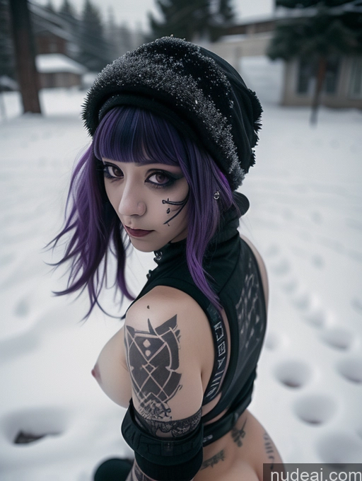 ai nude image of arafed woman with purple hair and tattoos posing in the snow pics of Athlete Busty Perfect Boobs Purple Hair Egyptian Close-up View Gothic Punk Girl Snow