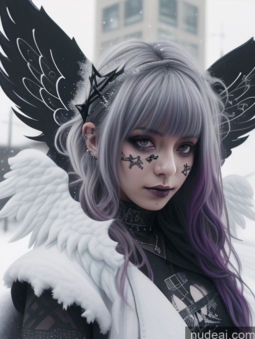 ai nude image of arafed woman with purple hair and wings in a black and white outfit pics of Athlete Busty Perfect Boobs Purple Hair Angel Gothic Punk Girl Ethiopian Close-up View Snow