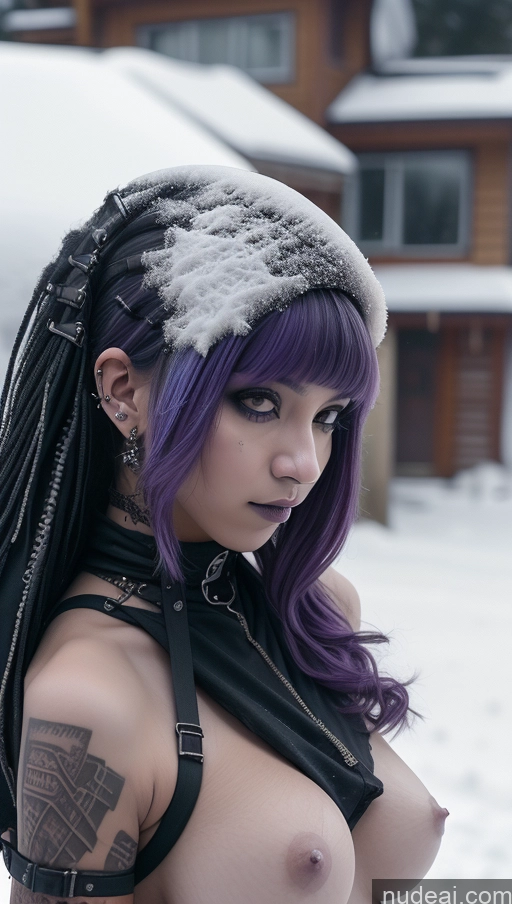 ai nude image of arafed woman with purple hair and piercings posing in the snow pics of Athlete Busty Perfect Boobs Purple Hair Gothic Punk Girl Ethiopian Close-up View Snow