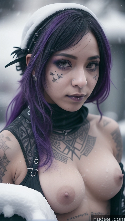 ai nude image of arafed woman with purple hair and tattoos posing in the snow pics of Athlete Purple Hair Gothic Punk Girl Ethiopian Close-up View Snow Busty Perfect Boobs