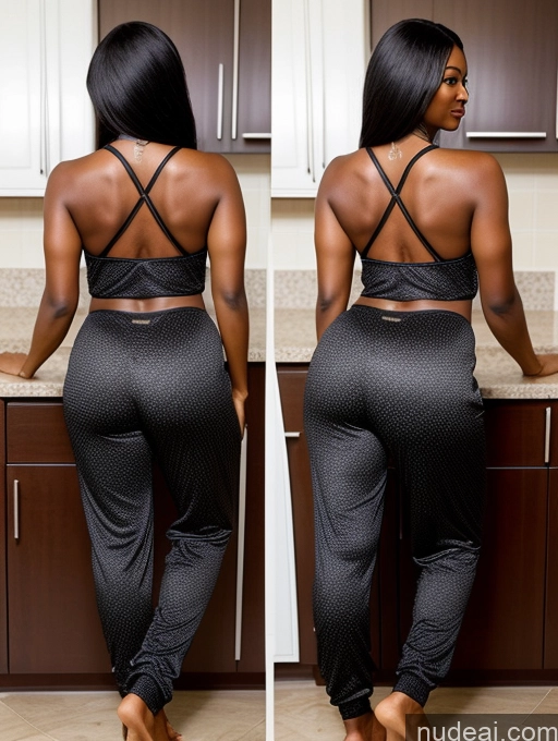 ai nude image of there is a woman that is standing in a kitchen with a pant pics of Perfect Boobs Beautiful Big Ass Perfect Body 30s African Kitchen Back View Onesie Harem Pants