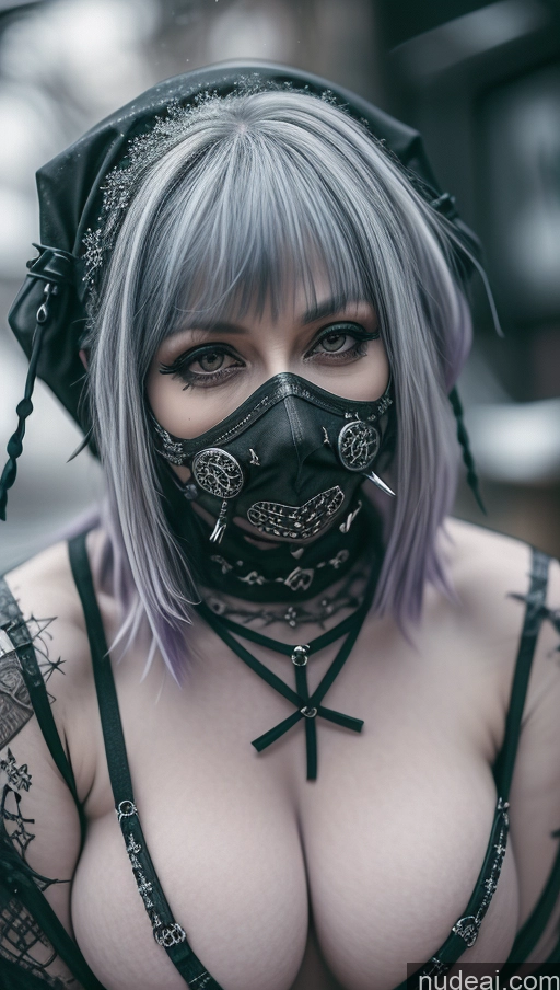 ai nude image of arafed woman with a mask and a black top pics of Purple Hair Gothic Punk Girl Close-up View Snow Busty Perfect Boobs Nigerian Milf