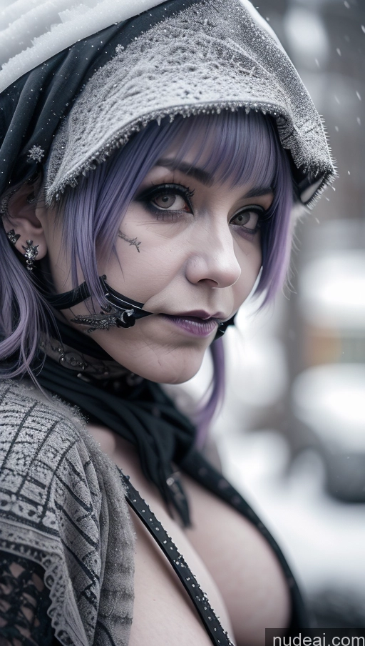 ai nude image of arafed woman with purple hair and a black and white hat pics of Purple Hair Gothic Punk Girl Close-up View Snow Busty Perfect Boobs Nigerian Milf