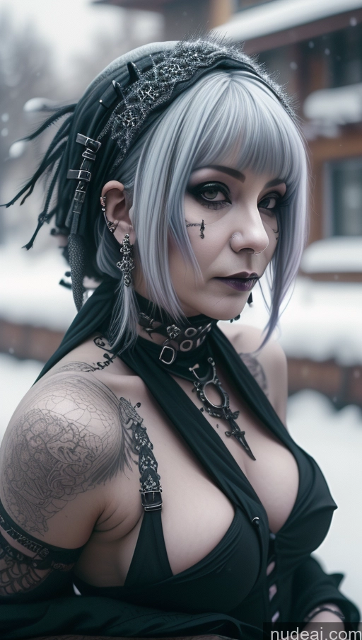 ai nude image of araffe woman with grey hair and piercings posing for a picture pics of Purple Hair Gothic Punk Girl Close-up View Snow Busty Perfect Boobs Nigerian Milf