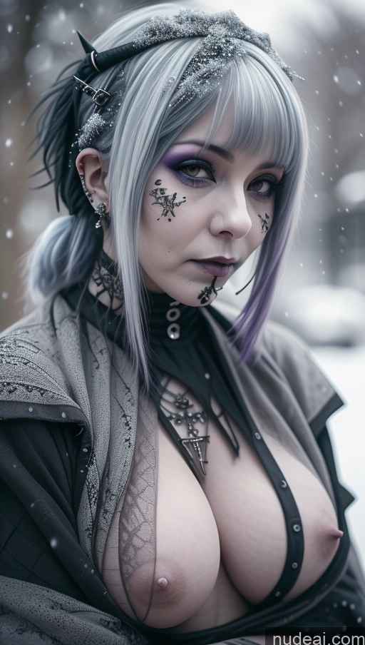 ai nude image of arafed woman with purple hair and black makeup posing in the snow pics of Purple Hair Gothic Punk Girl Close-up View Snow Busty Perfect Boobs Nigerian Milf