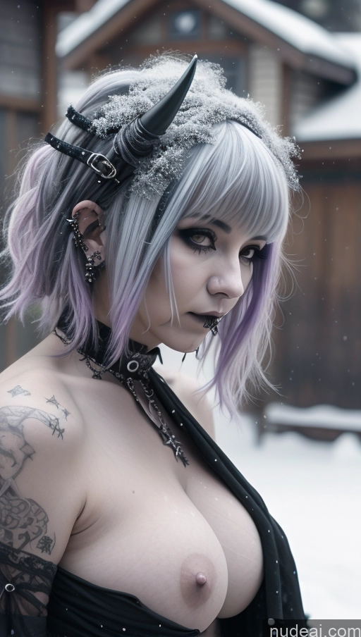 ai nude image of arafed woman with horns and piercings posing in the snow pics of Purple Hair Gothic Punk Girl Close-up View Snow Busty Perfect Boobs Nigerian Milf