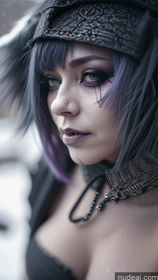 ai nude image of arafed woman with purple hair and a black top and a hat pics of Purple Hair Gothic Punk Girl Close-up View Snow Busty Perfect Boobs Nigerian Milf