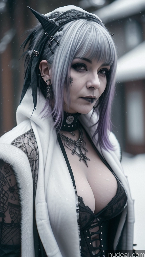 ai nude image of araffe with purple hair and a white jacket and black gloves pics of Purple Hair Gothic Punk Girl Close-up View Snow Busty Perfect Boobs Nigerian Milf