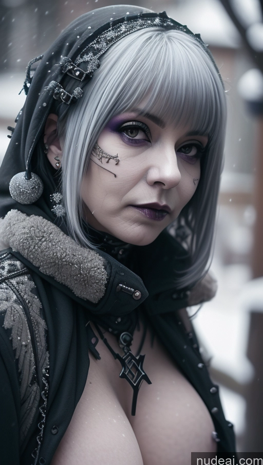 ai nude image of arafed woman with a hood and a hoodie with a cross on her chest pics of Purple Hair Gothic Punk Girl Close-up View Snow Busty Perfect Boobs Nigerian Milf