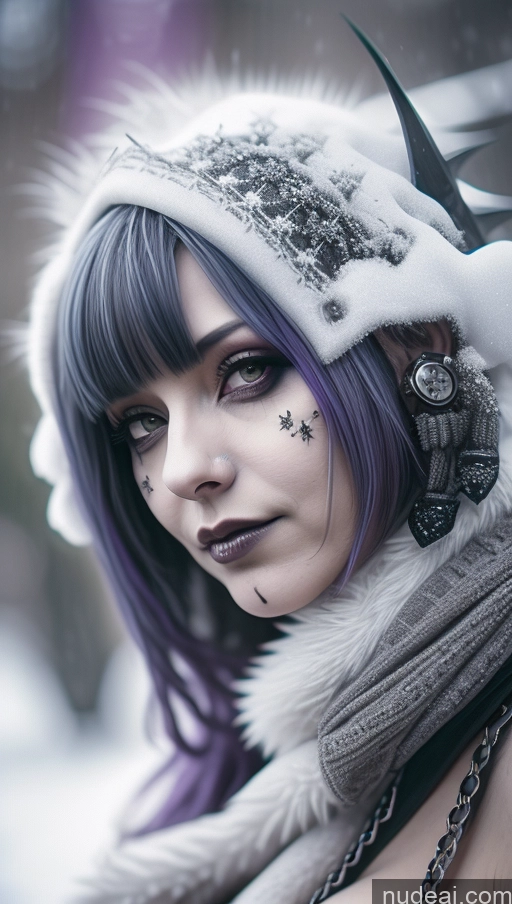 ai nude image of arafed woman with purple hair and a white hat and scarf pics of Purple Hair Gothic Punk Girl Close-up View Snow Busty Perfect Boobs Nigerian Milf