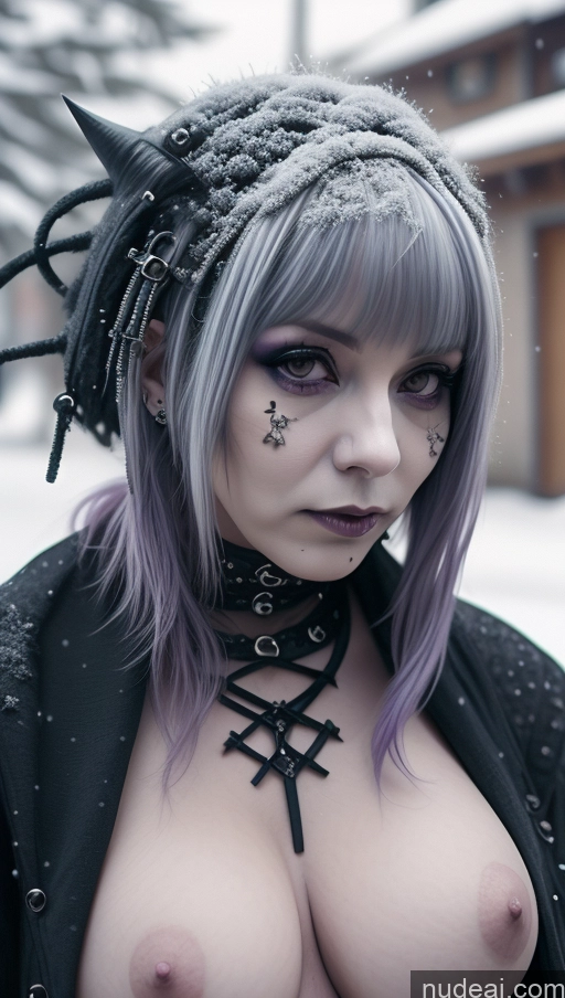 ai nude image of arafed woman with purple hair and piercings posing in the snow pics of Purple Hair Gothic Punk Girl Close-up View Snow Busty Perfect Boobs Nigerian Milf