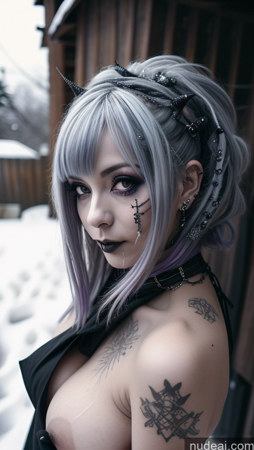 ai nude image of arafed woman with a black top and purple hair and piercings pics of Milf Busty Perfect Boobs Purple Hair Nigerian Snow Close-up View Gothic Punk Girl