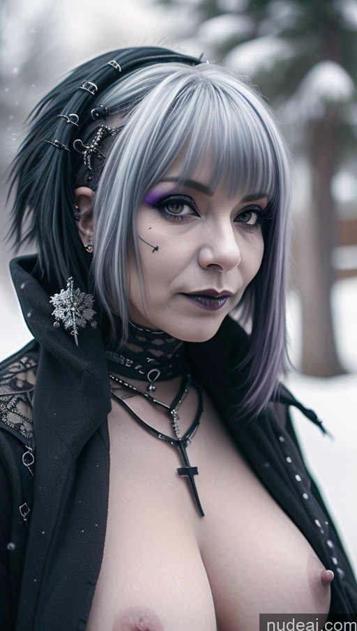 ai nude image of arafed woman with purple hair and piercings posing in the snow pics of Milf Busty Perfect Boobs Purple Hair Nigerian Snow Close-up View Gothic Punk Girl