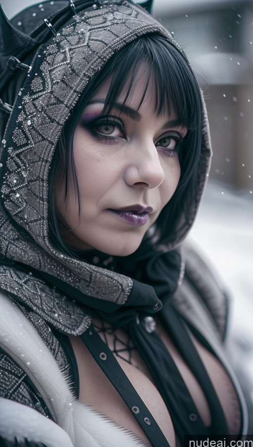 ai nude image of there is a woman with a hood on and a scarf on pics of Milf Busty Perfect Boobs Purple Hair Nigerian Snow Close-up View Gothic Punk Girl