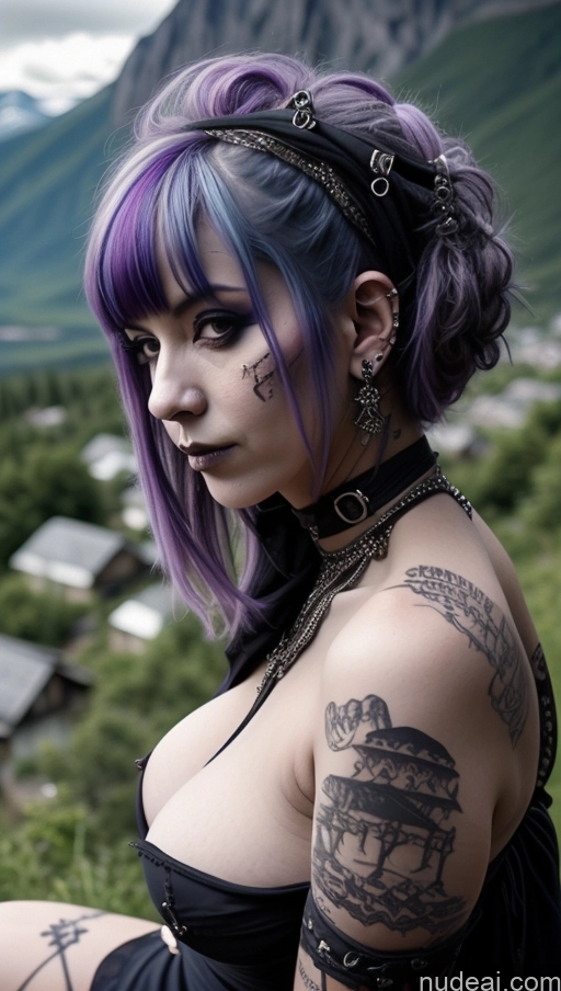 ai nude image of arafed woman with purple hair and tattoos sitting on a hill pics of Milf Busty Perfect Boobs Purple Hair Nigerian Close-up View Gothic Punk Girl Mountains