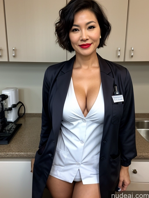 ai nude image of there is a woman in a white shirt and black blazer posing for a picture pics of Milf Perfect Boobs Lipstick Pixie Asian Bra Doctor Lab Coat Cleavage Partially Nude Dark Lighting