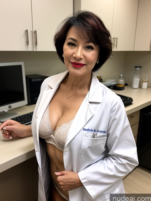 ai nude image of arafed woman in a lab coat posing in front of a computer pics of Milf Perfect Boobs Lipstick Pixie Asian Bra Doctor Lab Coat Cleavage Partially Nude Dark Lighting 60s