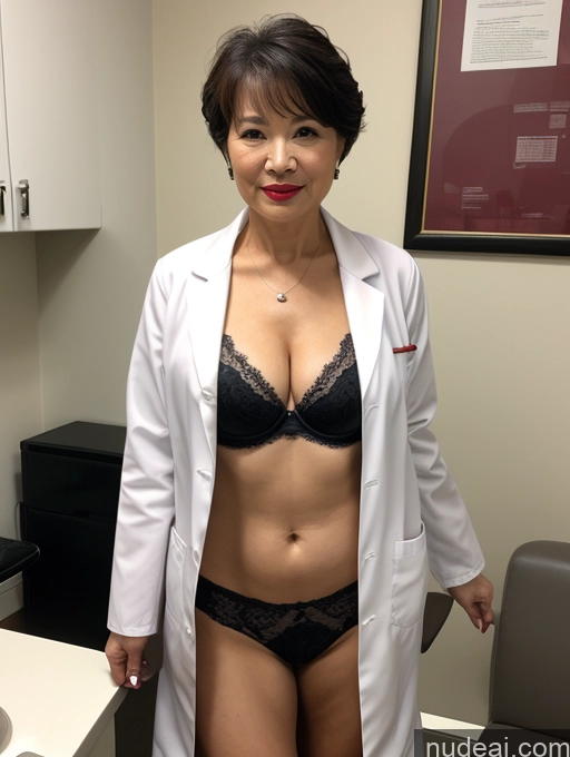 ai nude image of arafed woman in a lab coat and panties posing for a picture pics of Milf Perfect Boobs Lipstick Pixie Bra Doctor Lab Coat Cleavage Partially Nude Dark Lighting 60s Chinese