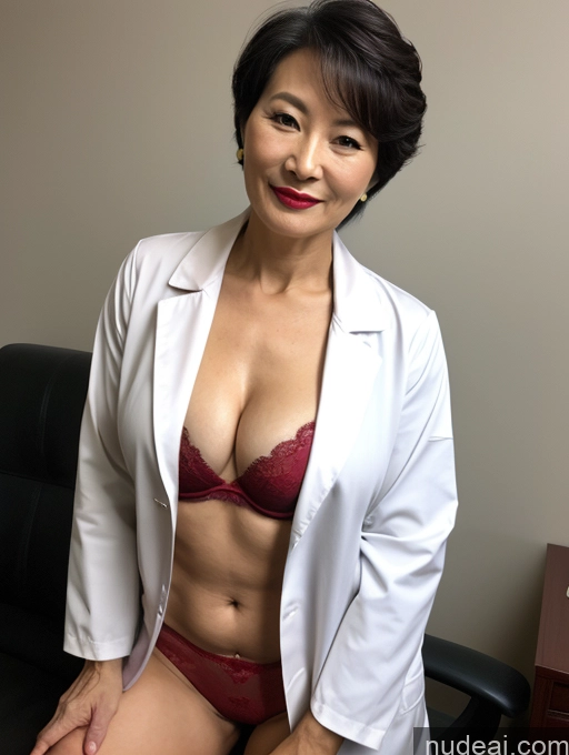 ai nude image of there is a woman in a white jacket and red panties posing for a picture pics of Milf Perfect Boobs Lipstick Pixie Bra Doctor Lab Coat Cleavage Partially Nude Dark Lighting 60s Chinese