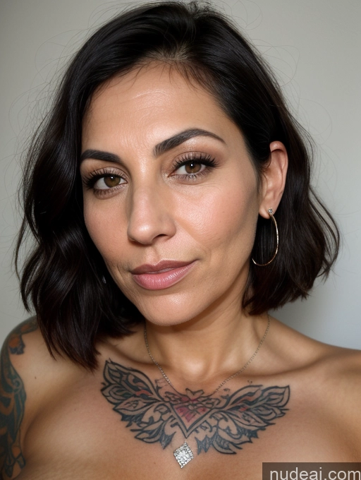 ai nude image of there is a woman with a tattoo on her chest and a necklace pics of Bending Over Pubic Hair Busty Tanned Skin Seductive Serious Sad Sexy Face Shocked Laughing Black Hair Bobcut Jewish 20s Tattoos Milf Close-up View