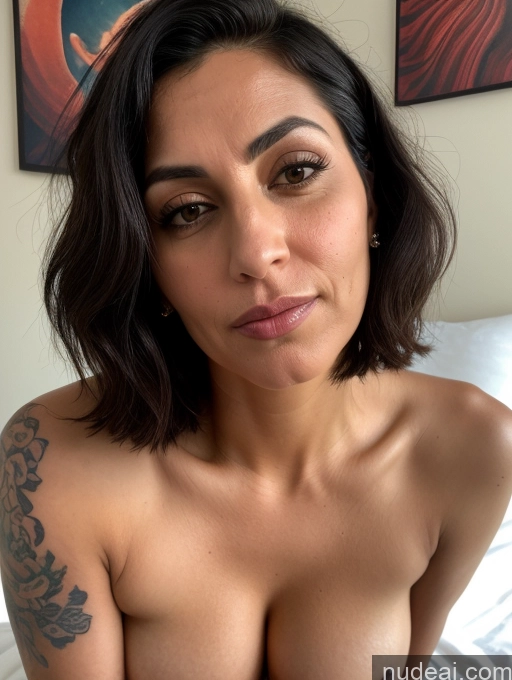 ai nude image of arafed woman with a tattoo on her chest and a tattoo on her arm pics of Bending Over Pubic Hair Busty Tanned Skin Seductive Serious Sad Sexy Face Shocked Laughing Black Hair Bobcut Jewish 20s Tattoos Milf Close-up View