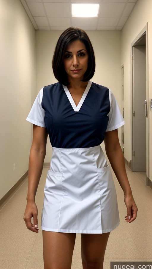 ai nude image of there is a woman in a uniform standing in a hallway pics of Woman Two Busty Perfect Boobs Pubic Hair 40s Serious Black Hair Bobcut Persian Hospital Front View Spreading Legs Tanned Skin Bright Lighting Nurse