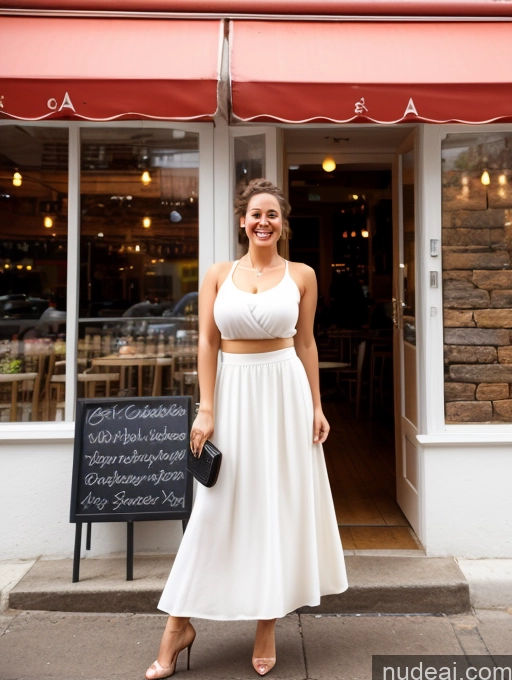 ai nude image of arafed woman in a white dress standing outside of a restaurant pics of Busty Big Ass Big Hips Pubic Hair 50s Happy Brunette Pixie White Wife Or Girlfriend Full Frontal High Heels Cafe Long Skirt Tunic