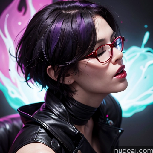 ai nude image of there is a woman with glasses and a leather jacket posing for a picture pics of Milf Thick Glasses Fairer Skin 40s Seductive British Illustration Hell Devil Dominatrix Bdsm Leather Stockings Partially Nude Jewelry Dark Lighting Orgasm Purple Hair Short Hair Side View Cumshot