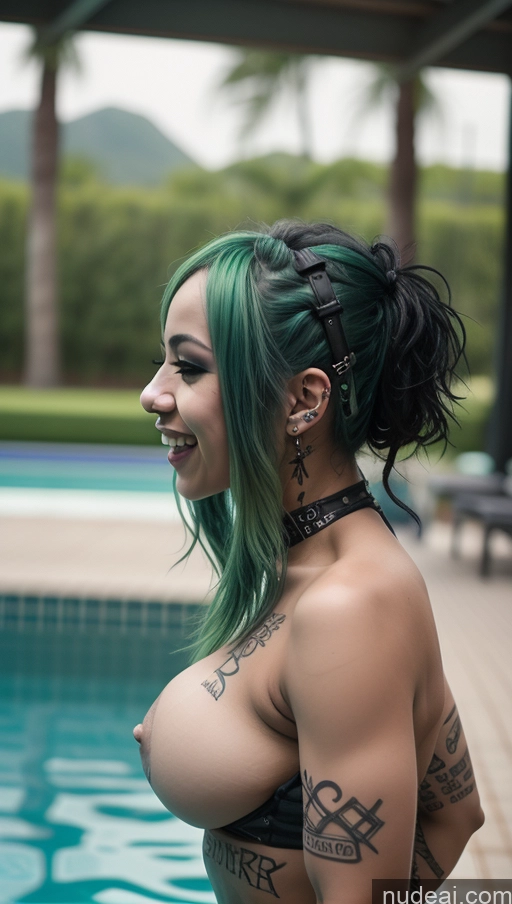 ai nude image of arafed woman with green hair and piercings standing in front of a pool pics of Athlete Busty Perfect Boobs Laughing Green Hair Nigerian Close-up View Gothic Punk Girl Pool