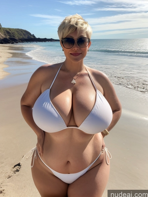 ai nude image of araffe woman in a white bikini posing on the beach pics of Milf One Busty Huge Boobs Perfect Boobs Beautiful Sunglasses Big Ass Thick Chubby Big Hips Short Perfect Body 50s Blonde Pixie White Beach Bikini Cleavage Diamond Jewelry