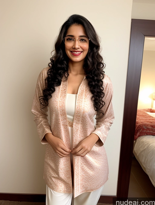 ai nude image of smiling woman in a pink jacket and white pants standing in front of a mirror pics of Woman One Small Tits Lipstick Small Ass Abs Tall Curly Hair Fairer Skin 20s Black Hair Indian Front View Pubic Hair Sunglasses Happy Salwar