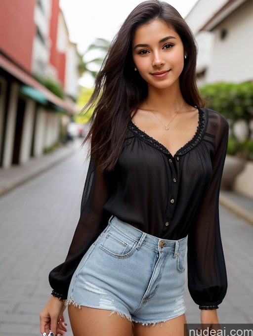 ai nude image of araffed woman in a black top and denim shorts walking down a street pics of Woman One Skinny 18 Black Hair Long Hair Brazilian Close-up View Detailed Blouse Casual Small Tits Small Ass