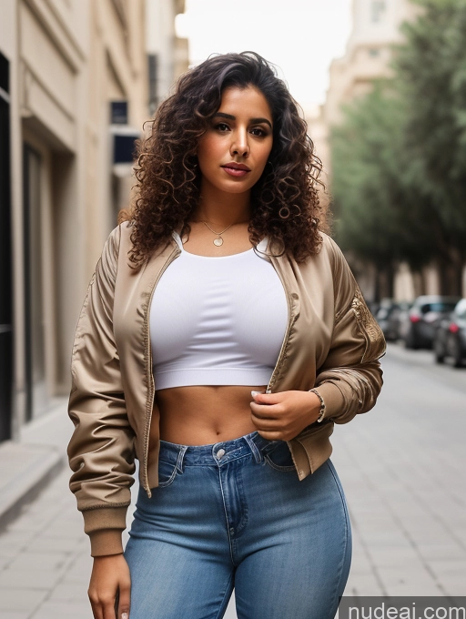 ai nude image of araffe woman in a white top and jeans posing for a picture pics of Woman Thick Brunette Arabic Front View Beautiful Tanned Skin Perfect Boobs 20s Big Ass Bomber Jeans Curly Hair Several Shirt Street