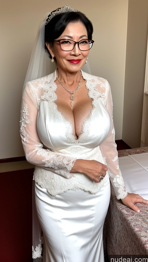 ai nude image of arafed woman in a wedding dress posing for a picture pics of Milf One Busty Big Ass Big Hips Pubic Hair Fairer Skin Lipstick Black Hair Asian Glasses Wedding 60s