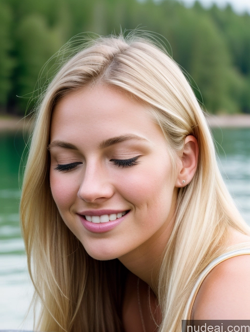 ai nude image of blonde woman with long hair smiling at camera near water pics of Huge Boobs Perfect Body Skinny 18 Sexy Face Shocked Film Photo Lake Cleavage Bright Lighting Detailed Blonde Scandinavian Orgasm Sleeping Happy Busty Sundress Close-up View