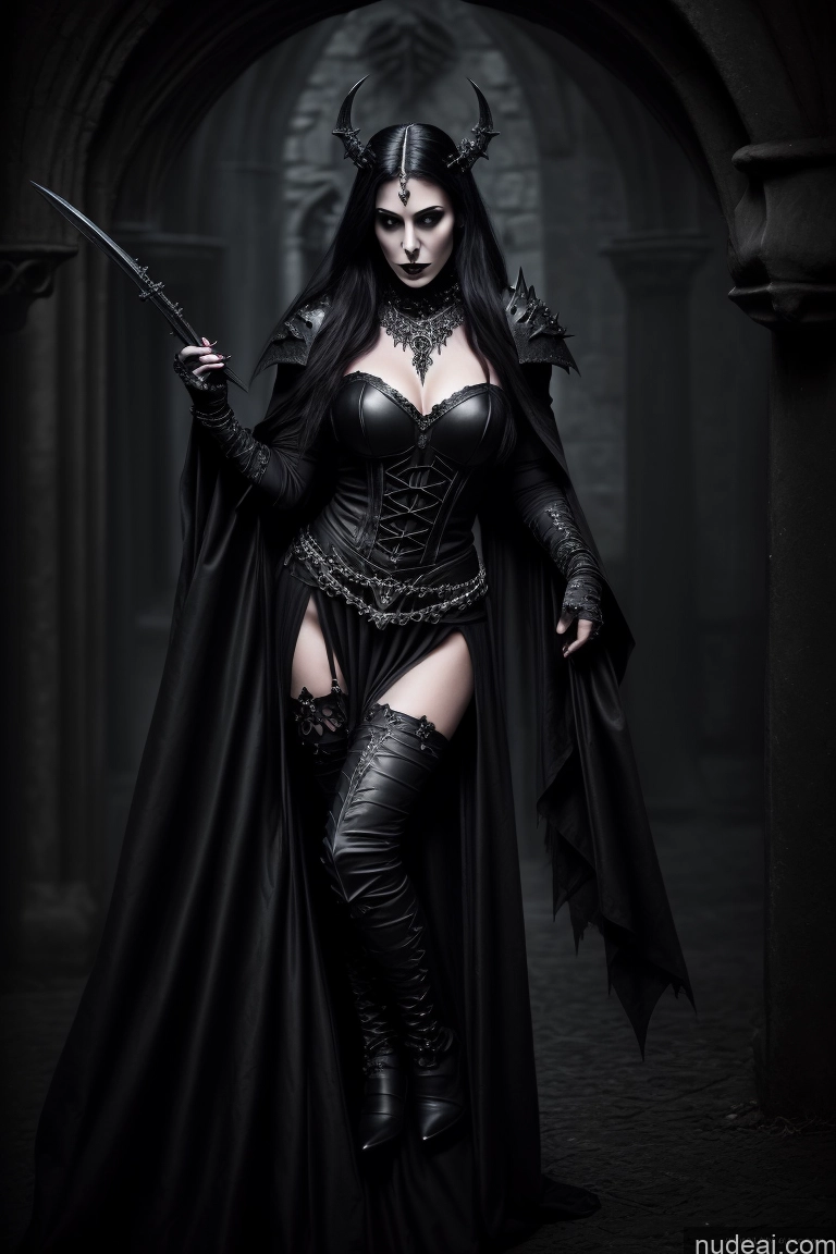 ai nude image of a woman dressed in black is holding a sword and wearing a black dress pics of Goth Medieval Vampire Dark Lighting Detailed Death Knight Knight Dark_Fantasy_Style Pearl Jewelry