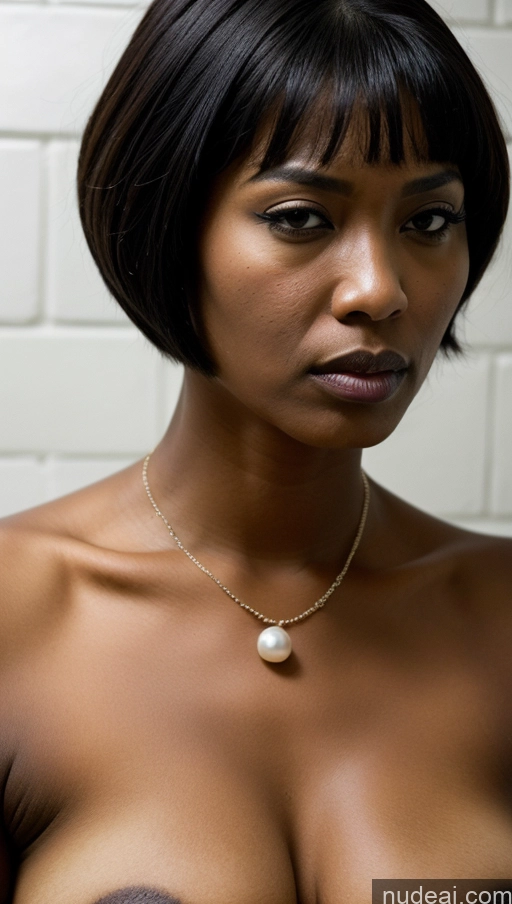 ai nude image of there is a woman with a necklace and a necklace on her neck pics of Perfect Body Prison Jewelry Dark Skin Busty Serious Short Hair Chinese Police Pearl Jewelry Angry 40s Black Hair