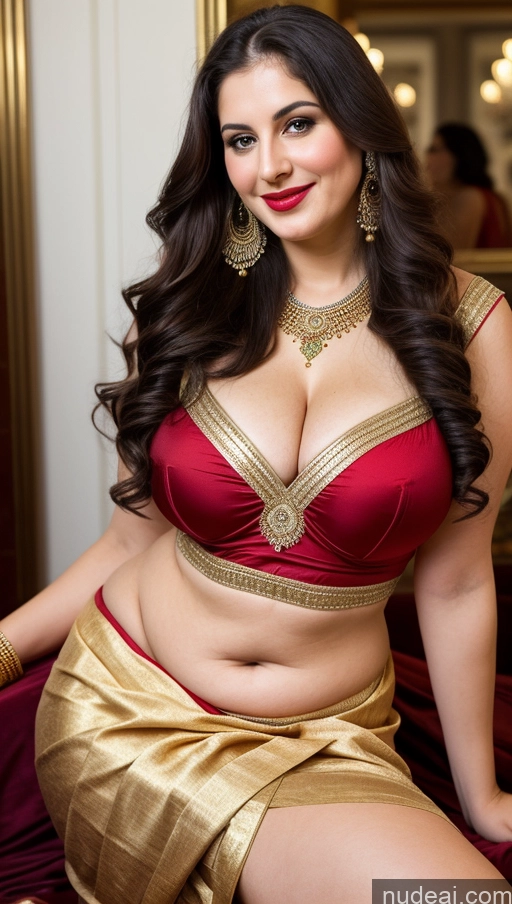 ai nude image of araffe woman in a red and gold outfit posing for a picture pics of Milf Busty Beautiful Thick Chubby Big Hips Fat Fairer Skin 20s Happy Seductive Brunette Long Hair Russian Party Front View Straddling Sari Blouse Dirndl Victorian Cleavage Gold Jewelry Lipstick