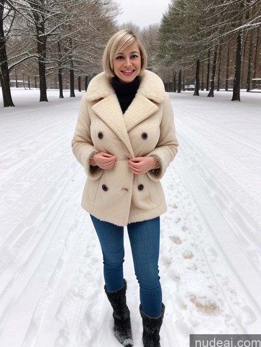 ai nude image of arafed woman in a coat and jeans standing in the snow pics of Woman Busty Huge Boobs Beautiful Skinny 20s Happy Laughing Blonde Short Hair British Fur Boots Snow