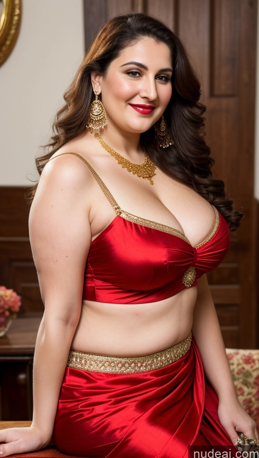 ai nude image of araffe woman in a red dress posing for a picture pics of Milf Busty Beautiful Lipstick Thick Big Hips Chubby Fat 20s Happy Seductive Brunette Long Hair Russian Party Front View Straddling Sari Blouse Dirndl Victorian Cleavage Gold Jewelry Fairer Skin