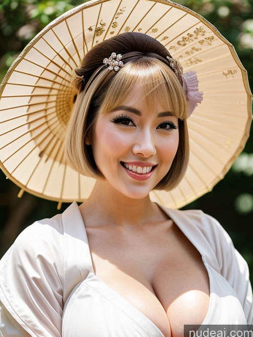 ai nude image of araffe woman with a white hat and a pink dress and a white umbrella pics of Woman Busty Beautiful Skinny 20s Happy Laughing Huge Boobs Short Hair Blonde Geisha British Dress