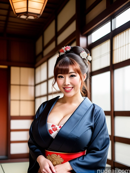 ai nude image of there is a woman in a kimono dress posing for a picture pics of Woman Busty Beautiful Skinny 20s Happy Laughing Huge Boobs Geisha Dress Ginger Bangs