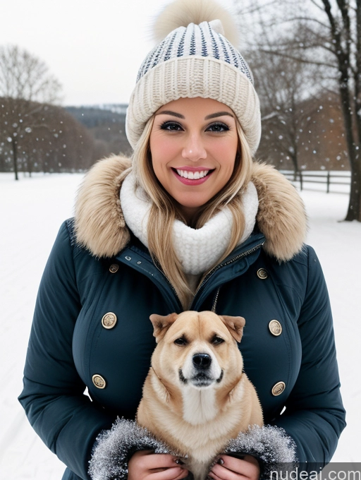 ai nude image of woman in winter coat holding a dog in snow covered parka pics of Busty Beautiful Skinny Woman 30s Huge Boobs Happy Laughing Blonde Short Hair British Fur Snow Hat