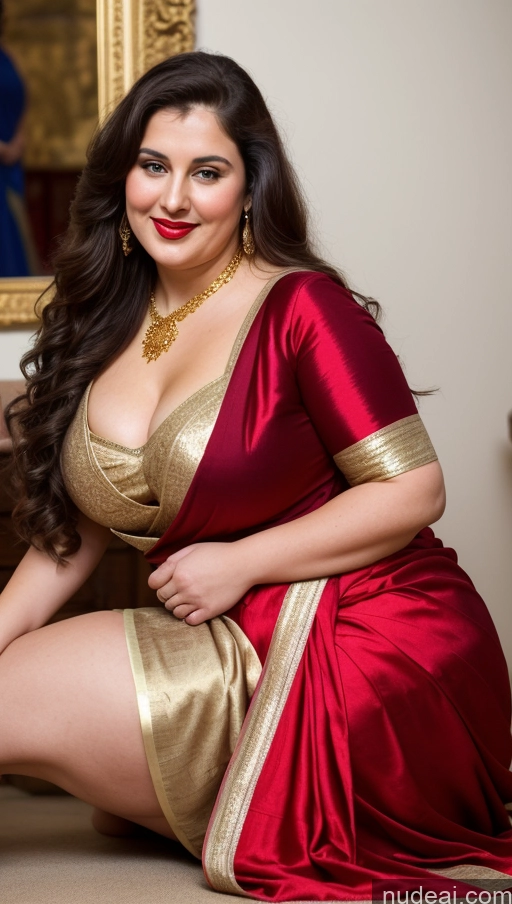 ai nude image of araffe woman in a red and gold sari posing for a picture pics of Milf Busty Beautiful Lipstick Thick Chubby Big Hips Fat Fairer Skin 20s Happy Seductive Brunette Long Hair Russian Party Front View Straddling Sari Blouse Dirndl Victorian Cleavage Gold Jewelry