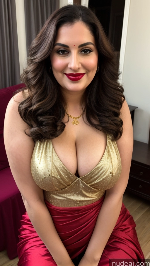 ai nude image of araffe woman in a gold dress posing for a picture pics of Milf Busty Beautiful Lipstick Thick Chubby Big Hips Fat Fairer Skin 20s Happy Seductive Brunette Long Hair Russian Party Front View Straddling Sari Blouse Dirndl Victorian Cleavage Gold Jewelry