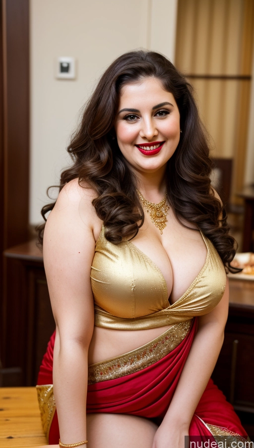 ai nude image of araffe woman in a gold and red sari posing for a picture pics of Milf Busty Beautiful Lipstick Thick Chubby Big Hips Fat Fairer Skin 20s Happy Seductive Brunette Long Hair Russian Party Front View Straddling Sari Blouse Dirndl Victorian Cleavage Gold Jewelry